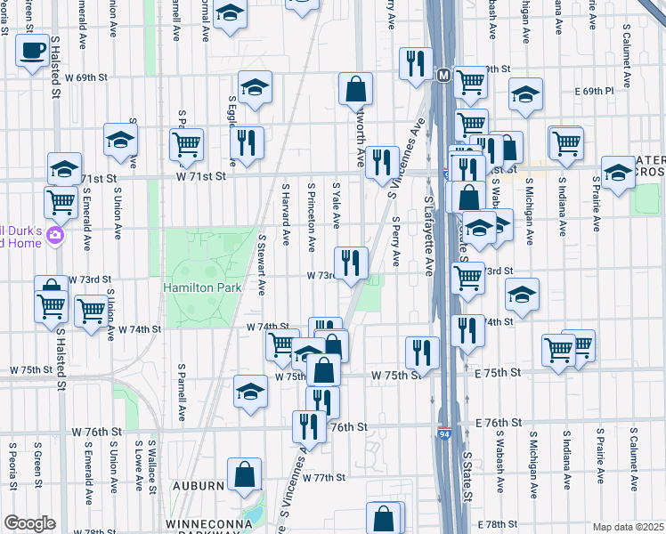map of restaurants, bars, coffee shops, grocery stores, and more near 7302 South Yale Avenue in Chicago