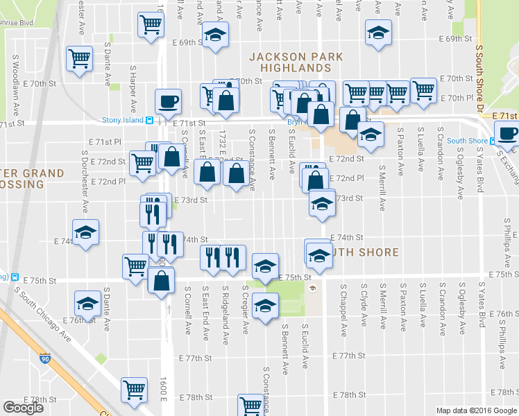 map of restaurants, bars, coffee shops, grocery stores, and more near 7311 S Constance Ave in Chicago