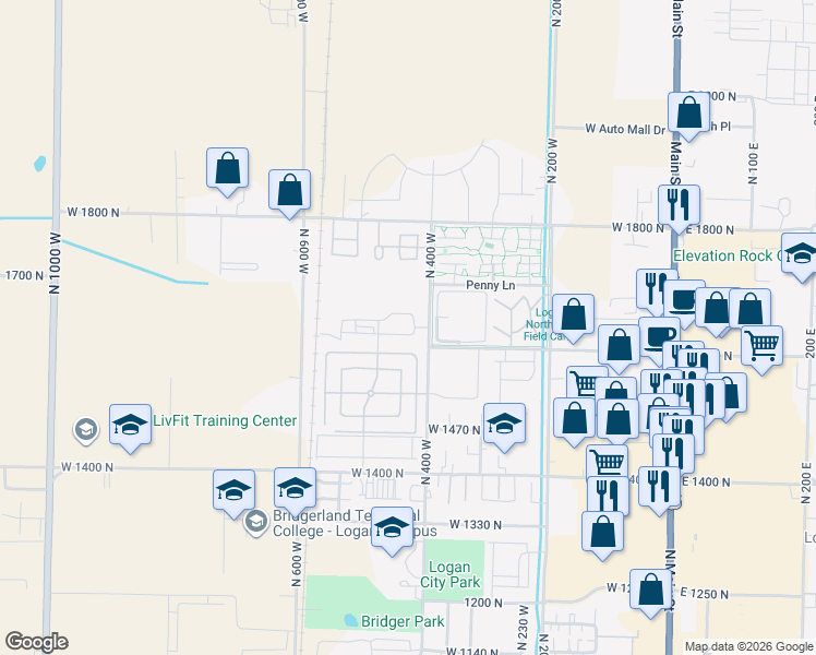 map of restaurants, bars, coffee shops, grocery stores, and more near 415 Suncrest Lane in Logan