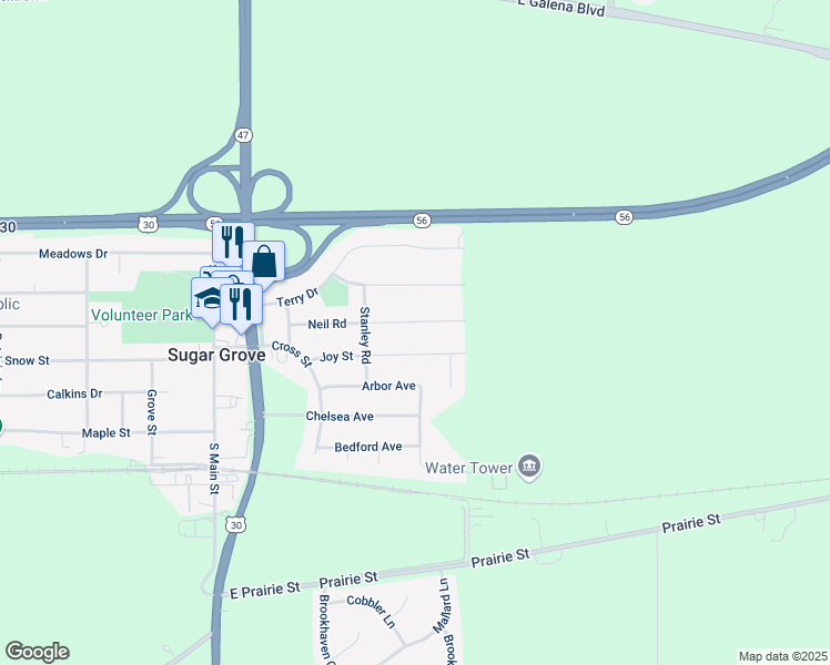 map of restaurants, bars, coffee shops, grocery stores, and more near 134 Joy Street in Sugar Grove