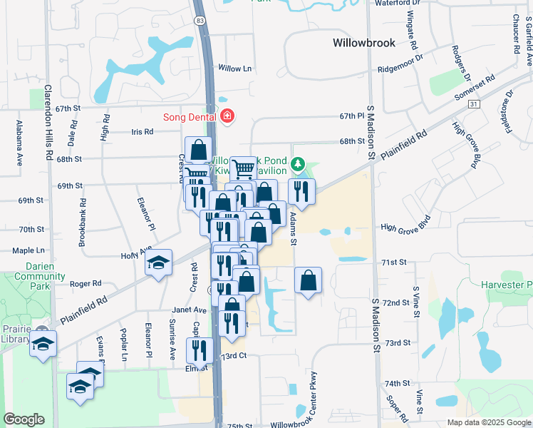 map of restaurants, bars, coffee shops, grocery stores, and more near 7601 Kingery Highway South in Willowbrook