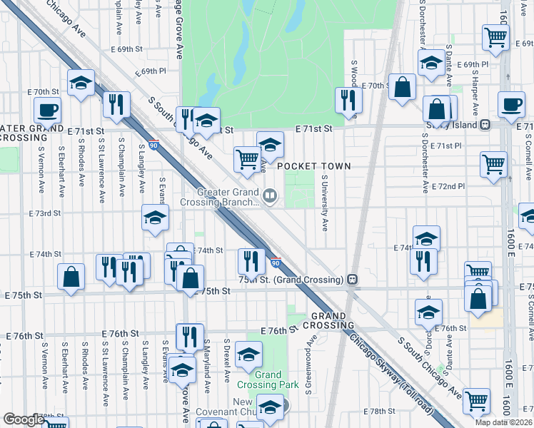 map of restaurants, bars, coffee shops, grocery stores, and more near 7310 S South Chicago Avenue in Chicago