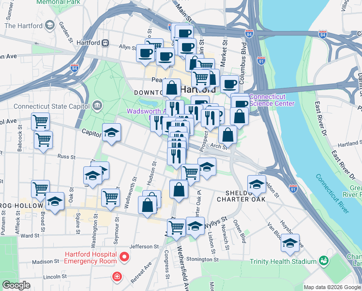 map of restaurants, bars, coffee shops, grocery stores, and more near 1 Linden Place in Hartford