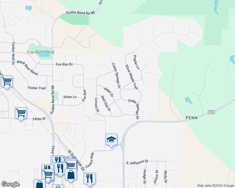 map of restaurants, bars, coffee shops, grocery stores, and more near 120 Catalpa Lane in North Liberty
