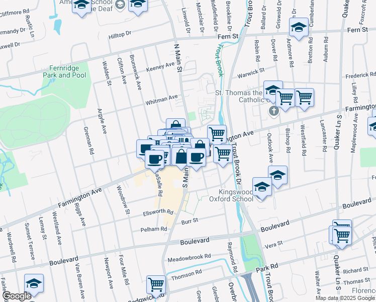 map of restaurants, bars, coffee shops, grocery stores, and more near in West Hartford