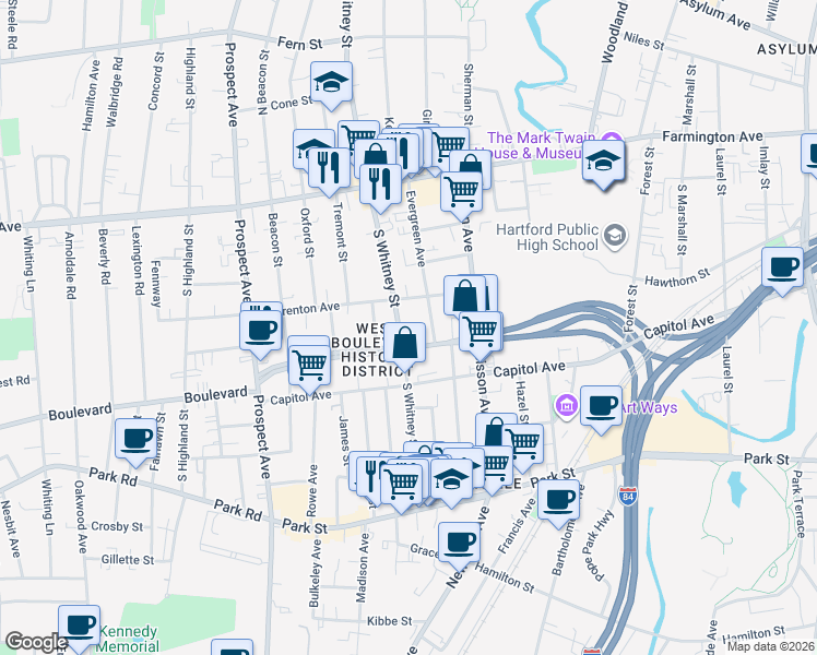 map of restaurants, bars, coffee shops, grocery stores, and more near 890 West Boulevard in Hartford