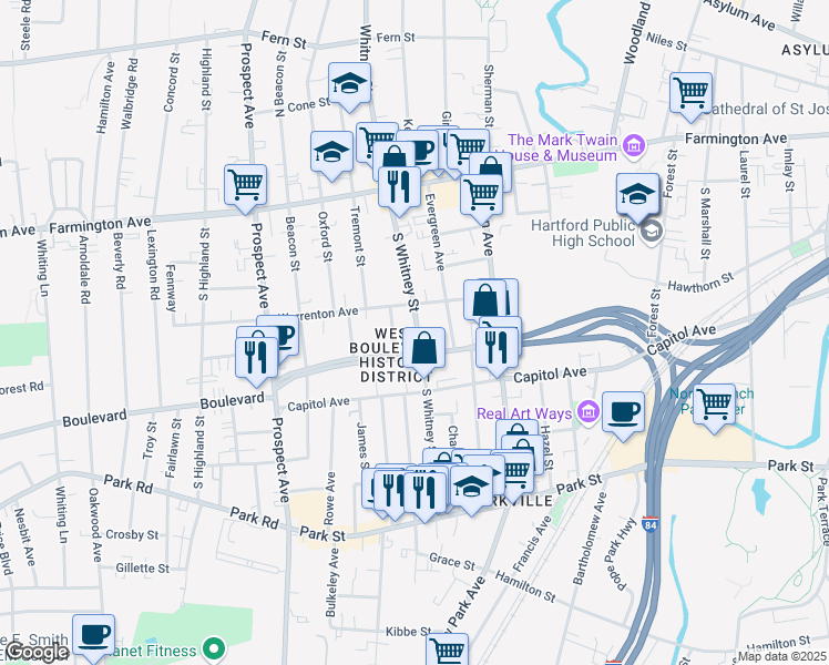 map of restaurants, bars, coffee shops, grocery stores, and more near 155 South Whitney Street in Hartford