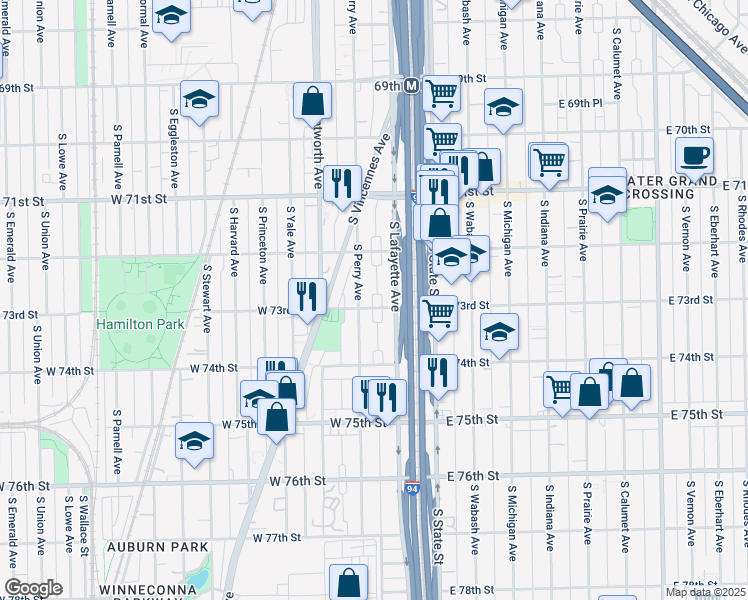 map of restaurants, bars, coffee shops, grocery stores, and more near 7306 South Lafayette Avenue in Chicago
