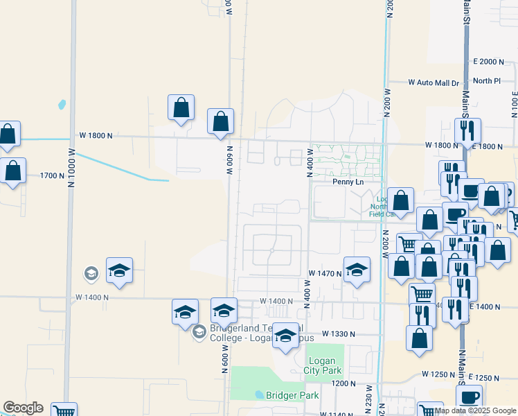 map of restaurants, bars, coffee shops, grocery stores, and more near 545 West 1595 North in Logan