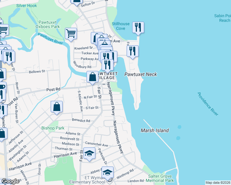 map of restaurants, bars, coffee shops, grocery stores, and more near in Warwick