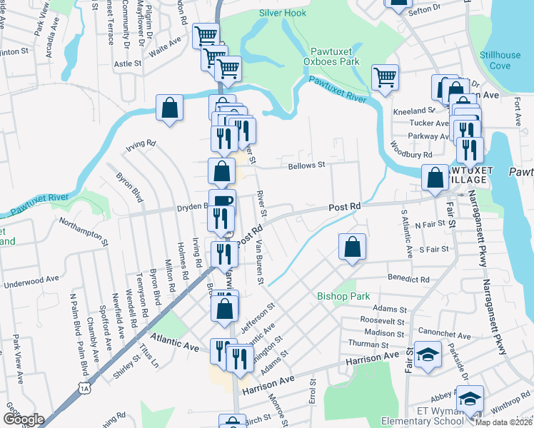 map of restaurants, bars, coffee shops, grocery stores, and more near 43 Proctor Avenue in Warwick