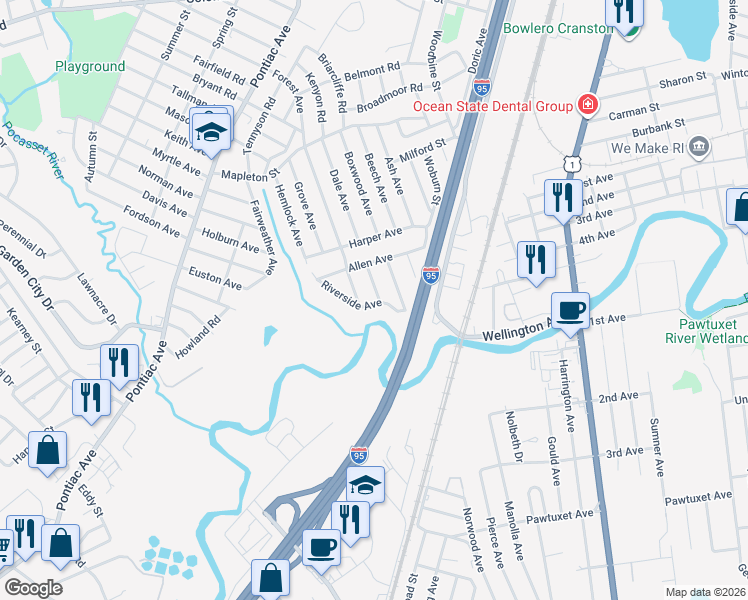 map of restaurants, bars, coffee shops, grocery stores, and more near 130 Riverside Avenue in Cranston