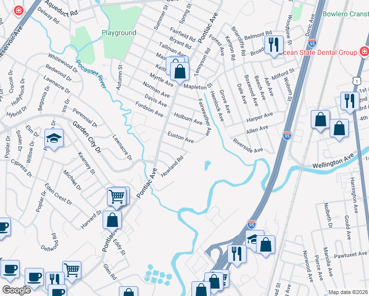 map of restaurants, bars, coffee shops, grocery stores, and more near 92 Howland Road in Cranston