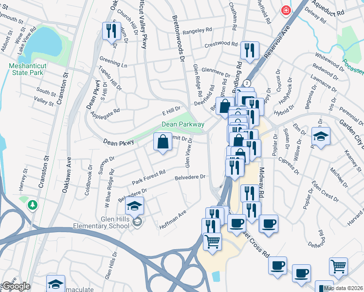 map of restaurants, bars, coffee shops, grocery stores, and more near 39 East Bel Air Road in Cranston