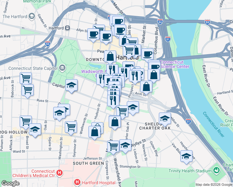 map of restaurants, bars, coffee shops, grocery stores, and more near 1 Linden Place in Hartford