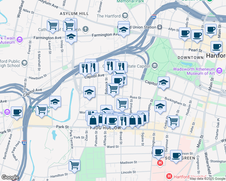map of restaurants, bars, coffee shops, grocery stores, and more near 159 Russ Street in Hartford