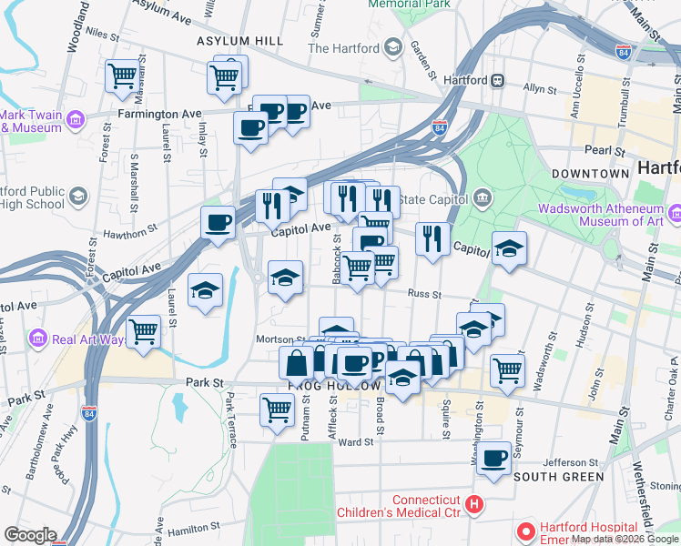 map of restaurants, bars, coffee shops, grocery stores, and more near 159 Russ Street in Hartford