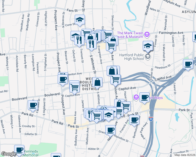 map of restaurants, bars, coffee shops, grocery stores, and more near 890 West Boulevard in Hartford
