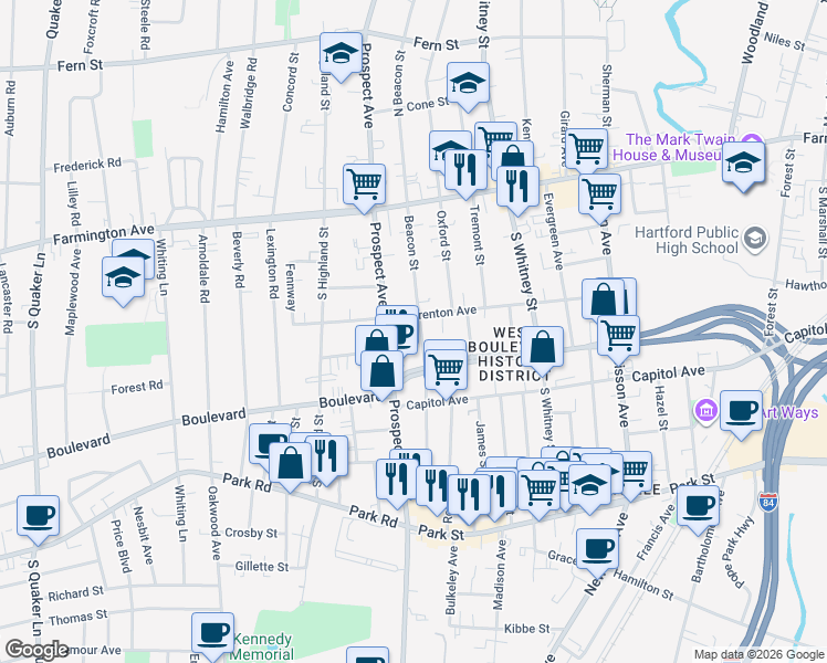 map of restaurants, bars, coffee shops, grocery stores, and more near 112 Beacon Street in Hartford