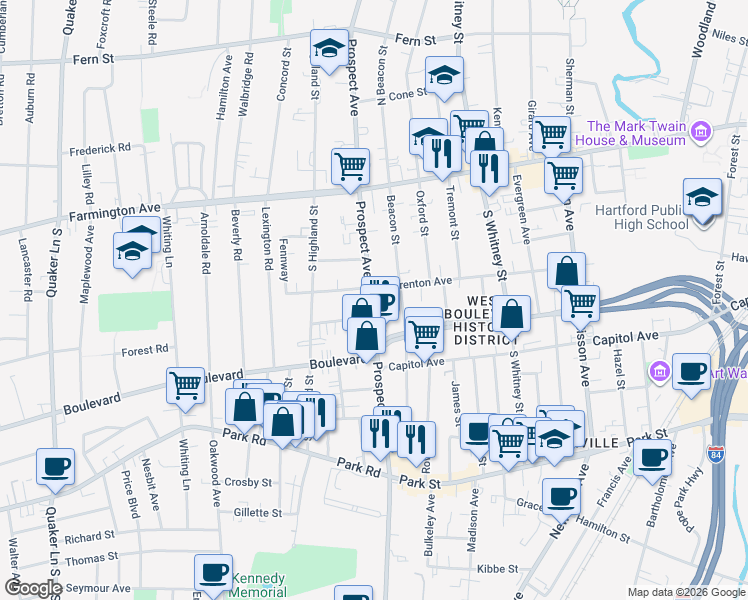 map of restaurants, bars, coffee shops, grocery stores, and more near 488 Prospect Avenue in West Hartford