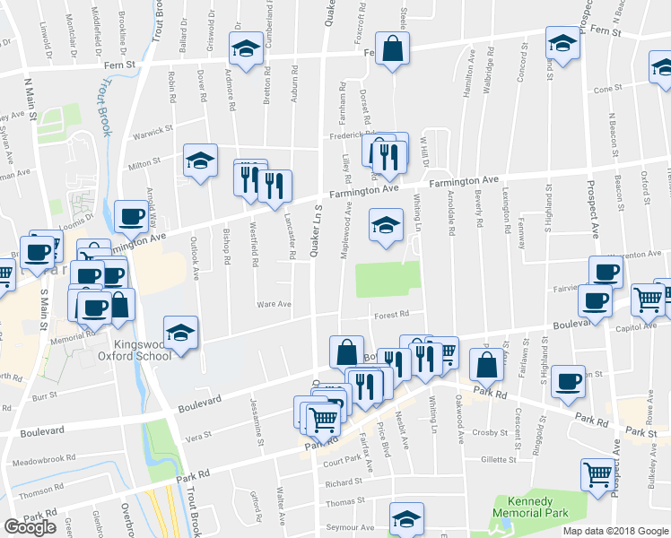 map of restaurants, bars, coffee shops, grocery stores, and more near 92 Quaker Lane South in West Hartford