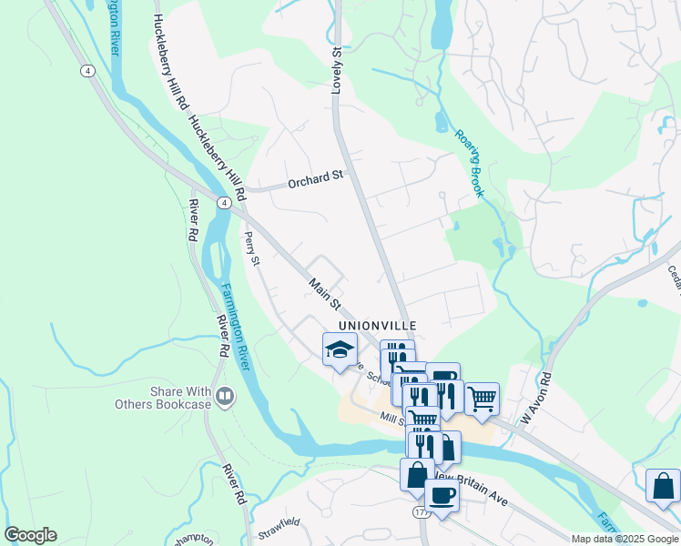 map of restaurants, bars, coffee shops, grocery stores, and more near 154 Main Street in Farmington