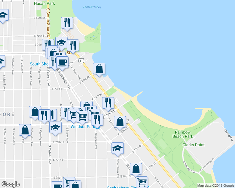 map of restaurants, bars, coffee shops, grocery stores, and more near 2272 East 75th Street in Chicago