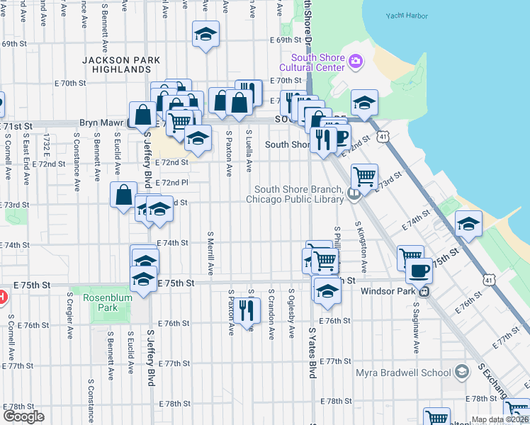 map of restaurants, bars, coffee shops, grocery stores, and more near 7337 South Crandon Avenue in Chicago
