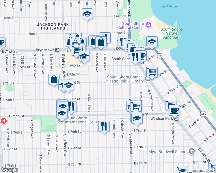 map of restaurants, bars, coffee shops, grocery stores, and more near 7339 South Luella Avenue in Chicago