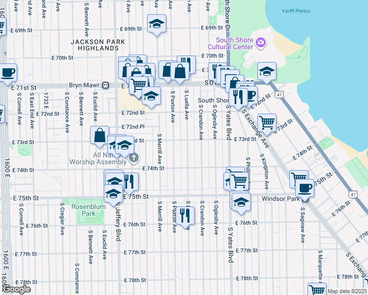 map of restaurants, bars, coffee shops, grocery stores, and more near 7339 South Luella Avenue in Chicago