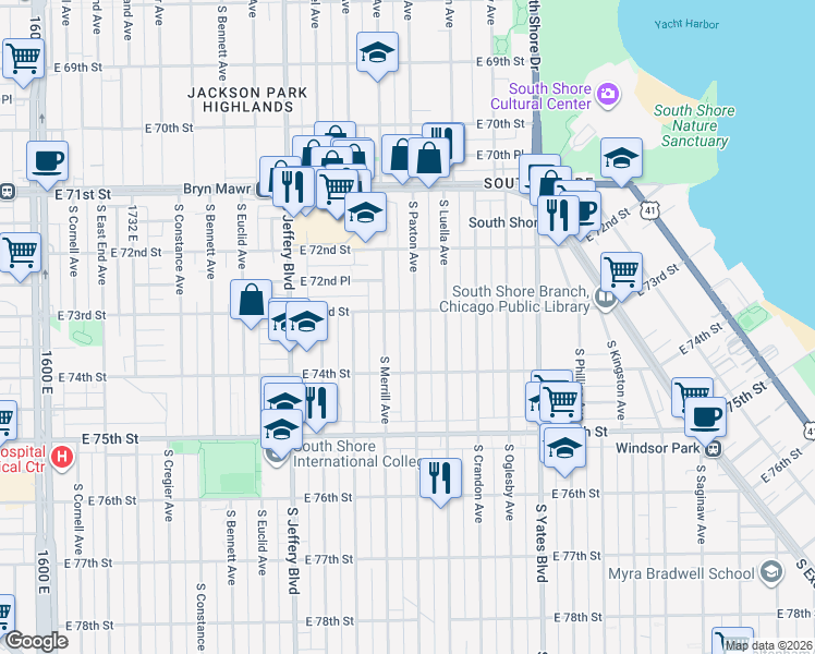 map of restaurants, bars, coffee shops, grocery stores, and more near 7336 South Paxton Avenue in Chicago