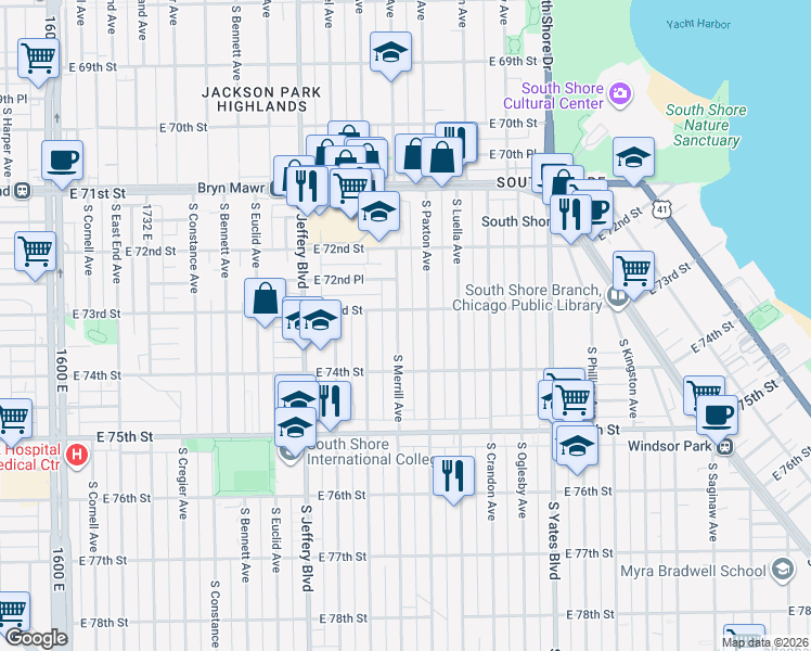 map of restaurants, bars, coffee shops, grocery stores, and more near 7336 South Paxton Avenue in Chicago
