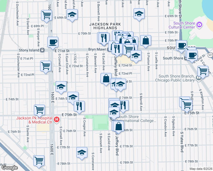 map of restaurants, bars, coffee shops, grocery stores, and more near 7333 South Euclid Avenue in Chicago