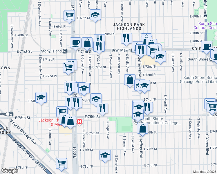 map of restaurants, bars, coffee shops, grocery stores, and more near 7328 South Constance Avenue in Chicago