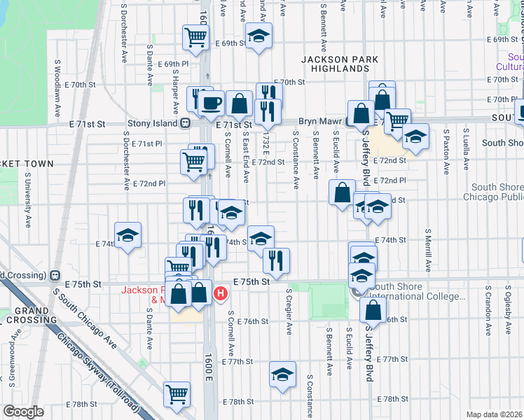 map of restaurants, bars, coffee shops, grocery stores, and more near 1739 East 73rd Place in Chicago