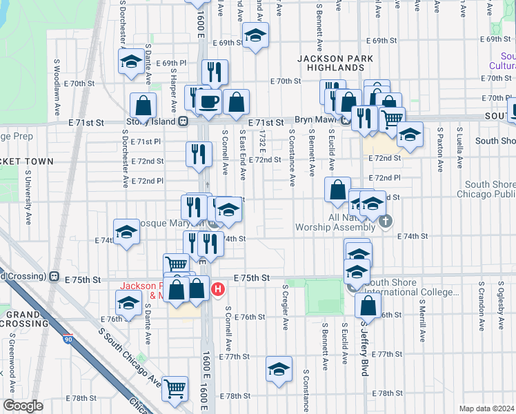 map of restaurants, bars, coffee shops, grocery stores, and more near 1739 East 73rd Place in Chicago