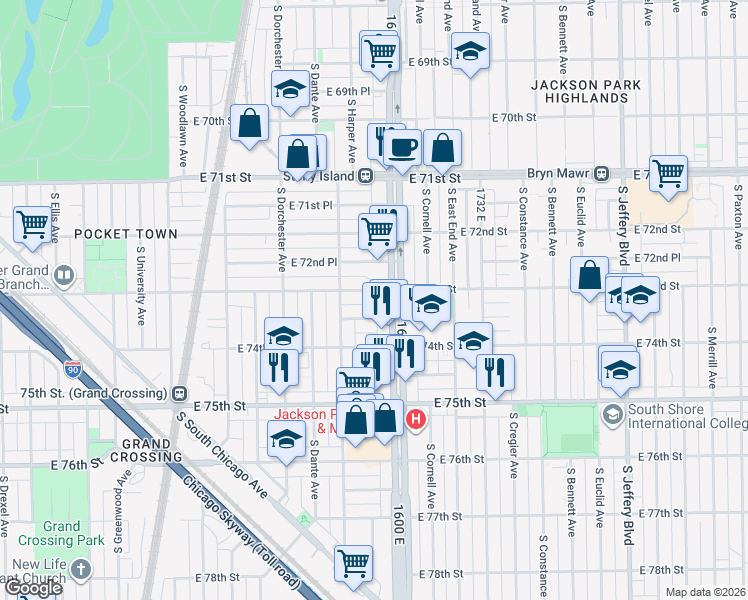 map of restaurants, bars, coffee shops, grocery stores, and more near 7334 South Stony Island Avenue in Chicago