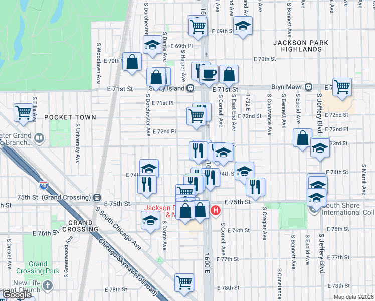 map of restaurants, bars, coffee shops, grocery stores, and more near 1509 East 73rd Street in Chicago