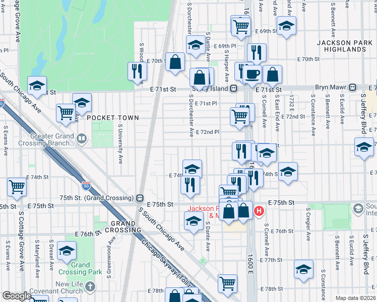 map of restaurants, bars, coffee shops, grocery stores, and more near 7330 South Dorchester Avenue in Chicago