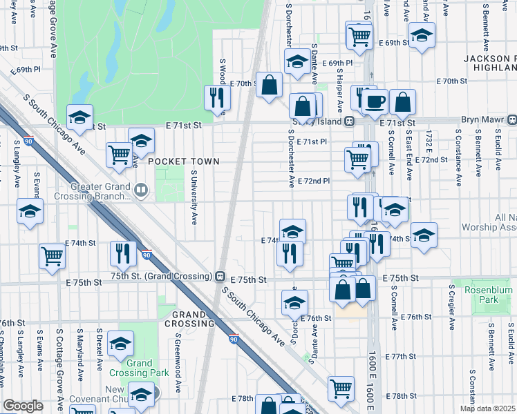 map of restaurants, bars, coffee shops, grocery stores, and more near 7326 South Kenwood Avenue in Chicago