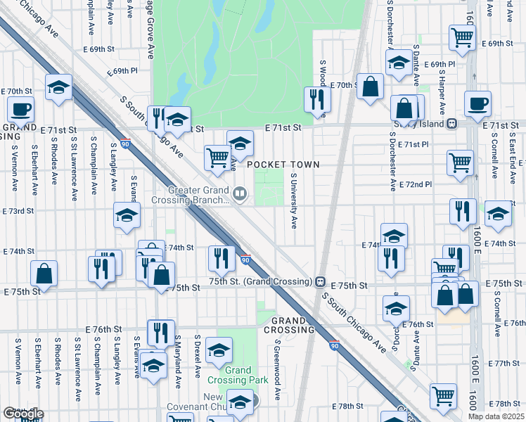 map of restaurants, bars, coffee shops, grocery stores, and more near 7326 South Greenwood Avenue in Chicago