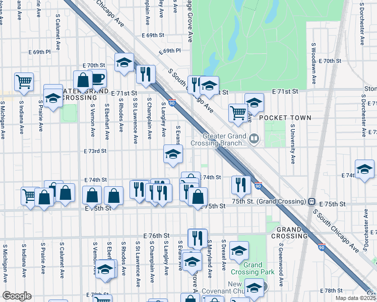 map of restaurants, bars, coffee shops, grocery stores, and more near 7318 South Cottage Grove Avenue in Chicago