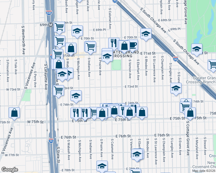 map of restaurants, bars, coffee shops, grocery stores, and more near 7315 South Prairie Avenue in Chicago