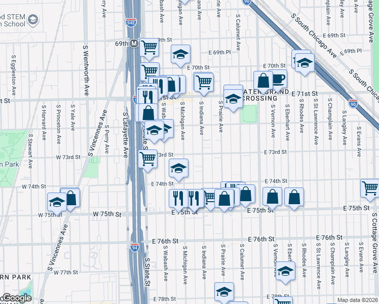 map of restaurants, bars, coffee shops, grocery stores, and more near 7311 South Michigan Avenue in Chicago