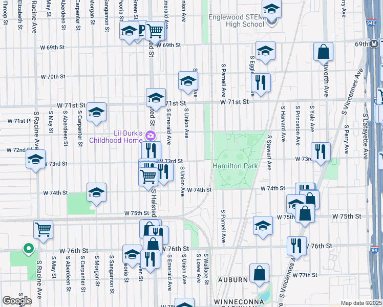 map of restaurants, bars, coffee shops, grocery stores, and more near 7303 South Lowe Avenue in Chicago