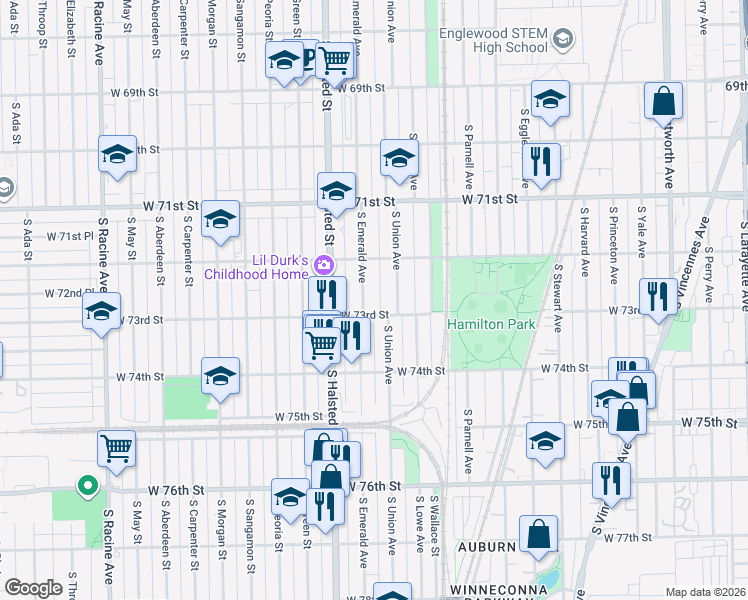 map of restaurants, bars, coffee shops, grocery stores, and more near 7300 South Union Avenue in Chicago