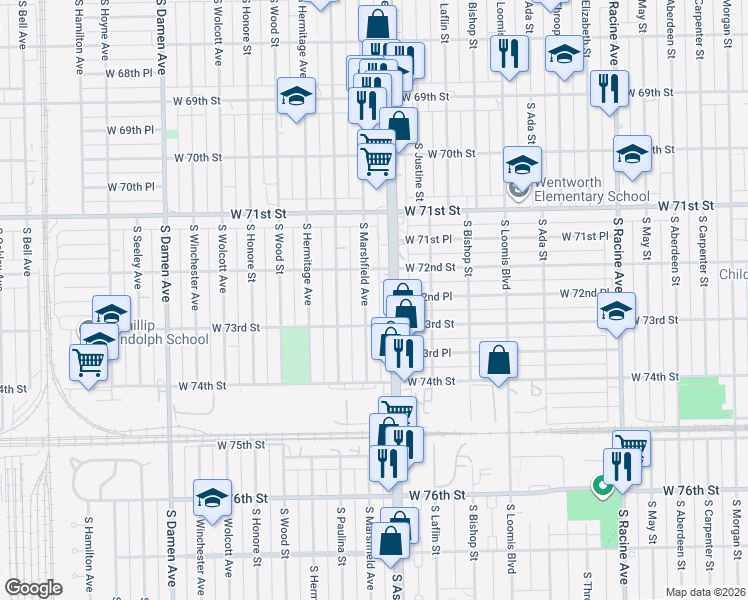 map of restaurants, bars, coffee shops, grocery stores, and more near 7253 South Marshfield Avenue in Chicago