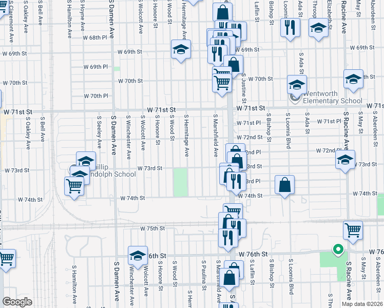 map of restaurants, bars, coffee shops, grocery stores, and more near 7256 South Hermitage Avenue in Chicago