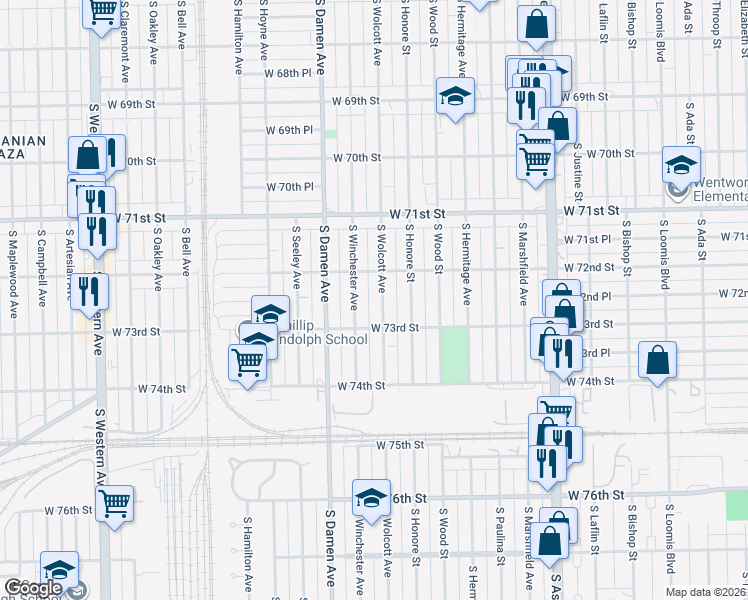 map of restaurants, bars, coffee shops, grocery stores, and more near 7251 South Winchester Avenue in Chicago