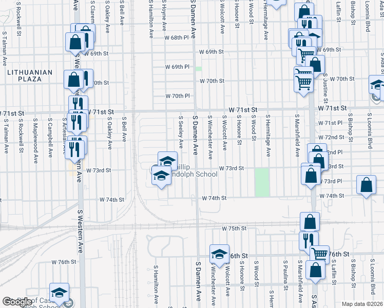 map of restaurants, bars, coffee shops, grocery stores, and more near 7250 South Damen Avenue in Chicago